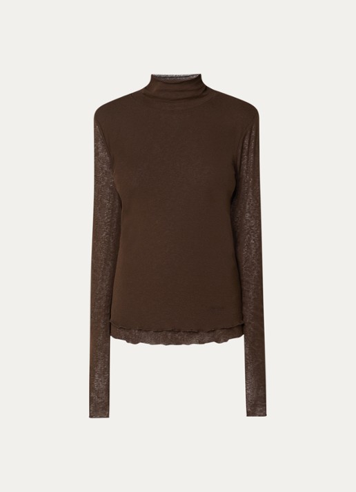 Ganni Semi-transparante top van mesh met geschulpte zoom - voorkant 3 bruin