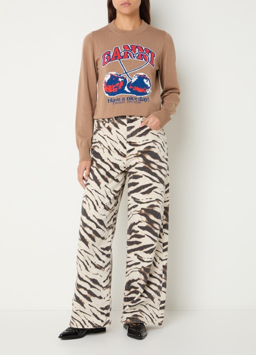 Ganni Sweater met ingebreide logoprint - voorkant 4 camel