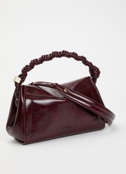 Ganni Very Bou schoudertas met glanzende finish en afneembare schouderriem - achterkant aubergine