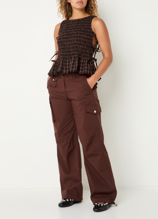 Ganni Yarn top met ruitdessin - voorkant 3 donkerbruin
