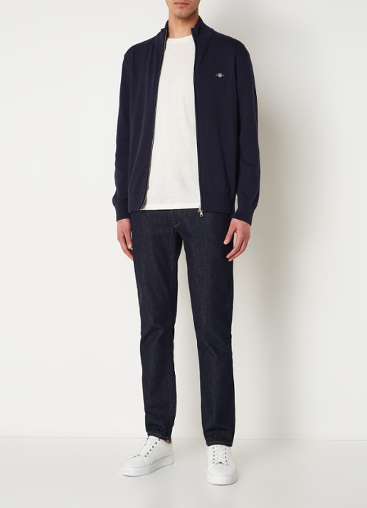 Gant Fijngebreid vest met logoborduring - voorkant 2 donkerblauw