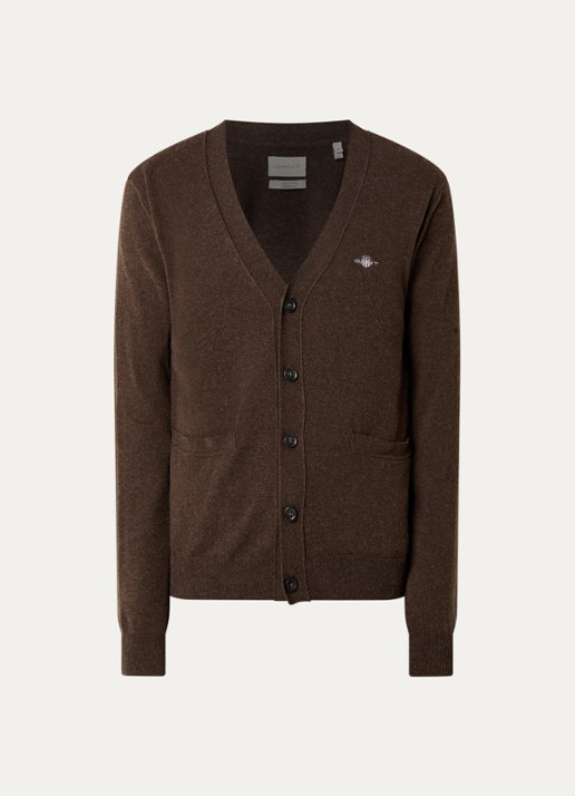 Gant Fijngebreid vest van lamswol met logoborduring - voorkant donkerbruin