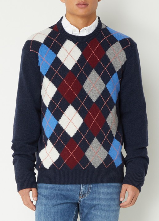 Gant Fijngebreide pullover in wolblend met ruitdessin - detail 4 donkerblauw