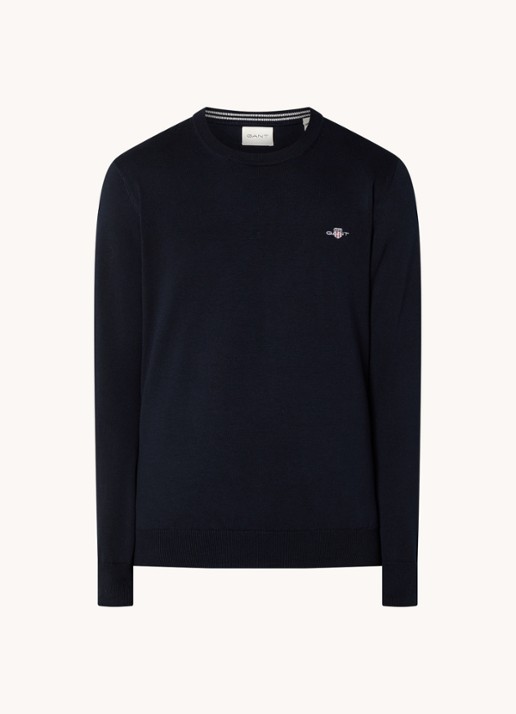 Gant Fijngebreide pullover met logoborduring  - voorkant donkerblauw