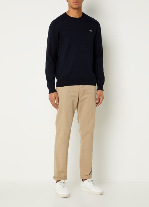 Gant Fijngebreide pullover met logoborduring  - voorkant 2 donkerblauw