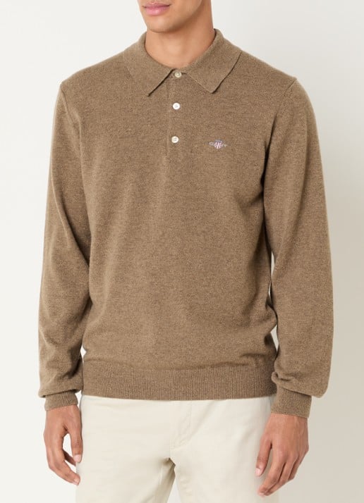 Gant Fijngebreide pullover van lamswol met logoborduring - detail 4 bruin