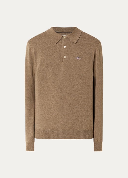 Gant Fijngebreide pullover van lamswol met logoborduring - voorkant bruin
