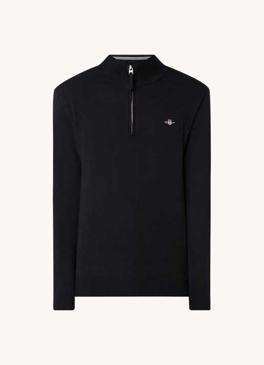Gant Fijngebreide pullover van wol met halve rits - voorkant 3 zwart