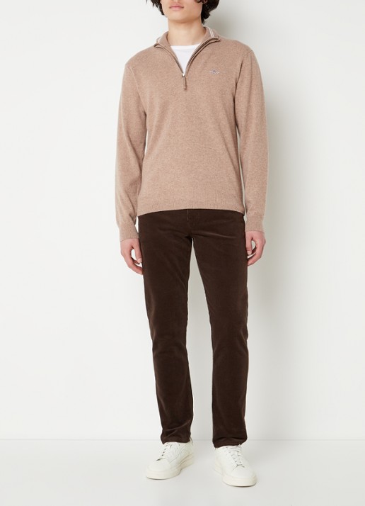 Gant Fijngebreide pullover van wol met halve rits - voorkant 4 zand