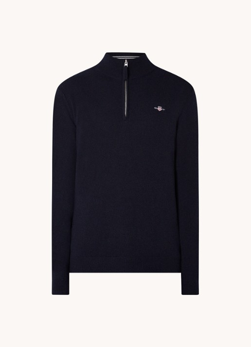 Gant Fijngebreide pullover van wol met halve rits - voorkant 3 blauw