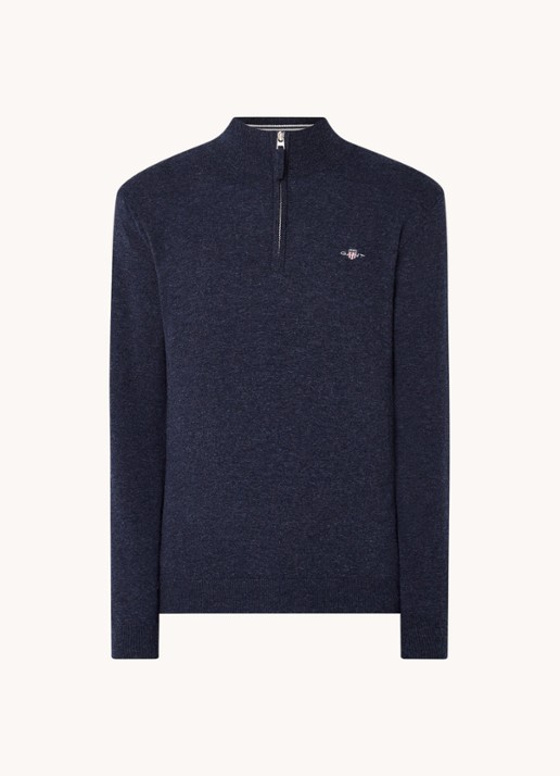 Gant Fijngebreide pullover van wol met halve rits - voorkant indigo