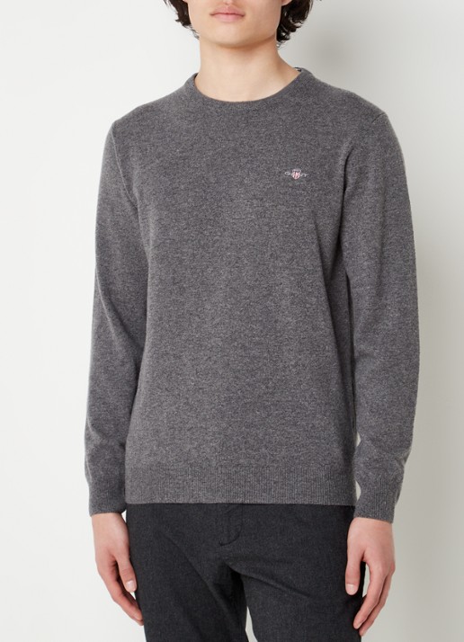 Gant Fijngebreide pullover van wol met logoborduring - detail 3 donkergrijs
