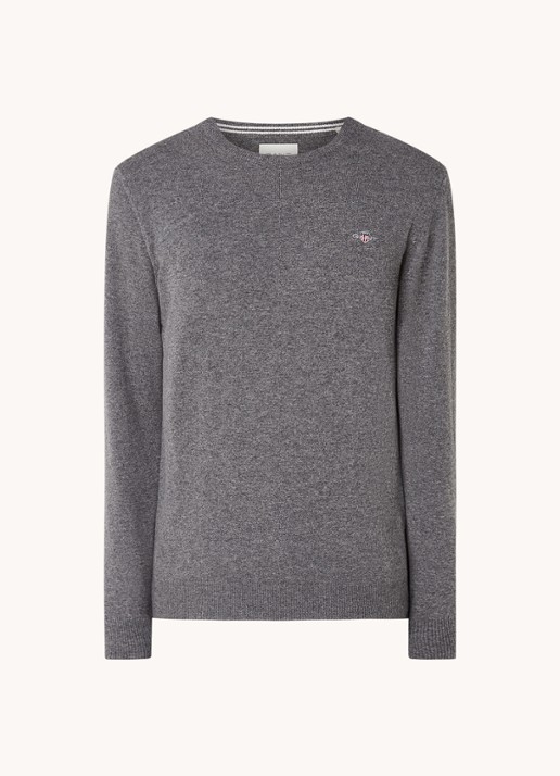 Gant Fijngebreide pullover van wol met logoborduring - voorkant donkergrijs