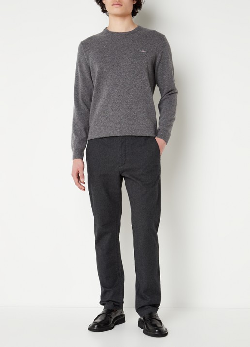 Gant Fijngebreide pullover van wol met logoborduring - voorkant 2 donkergrijs