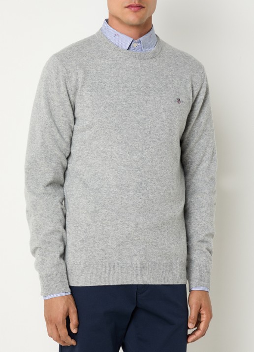 Gant Fijngebreide pullover van wol met logoborduring - detail grijsmele