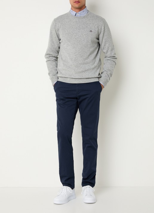 Gant Fijngebreide pullover van wol met logoborduring - voorkant 3 grijsmele