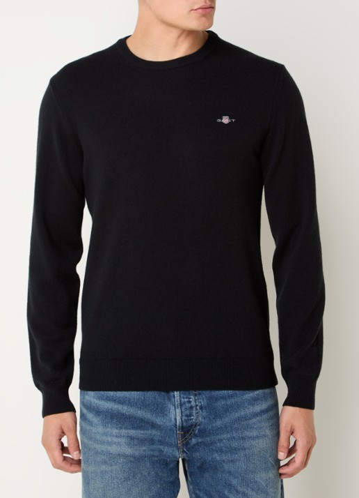 Gant Fijngebreide pullover van wol met logoborduring - detail zwart