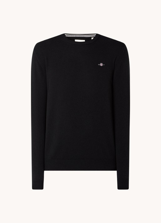 Gant Fijngebreide pullover van wol met logoborduring - voorkant 2 zwart