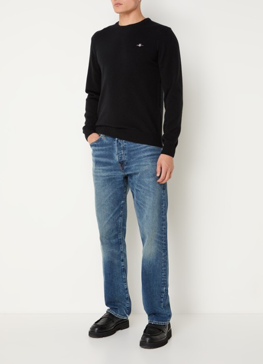Gant Fijngebreide pullover van wol met logoborduring - voorkant 3 zwart