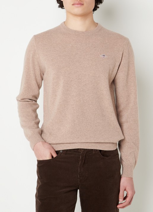 Gant Fijngebreide pullover van wol met logoborduring - detail zand