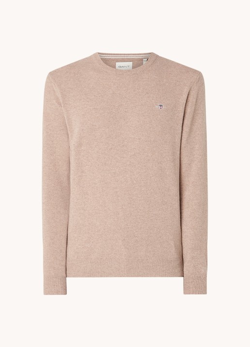 Gant Fijngebreide pullover van wol met logoborduring - voorkant 2 zand