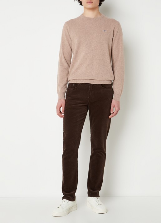 Gant Fijngebreide pullover van wol met logoborduring - voorkant 3 zand