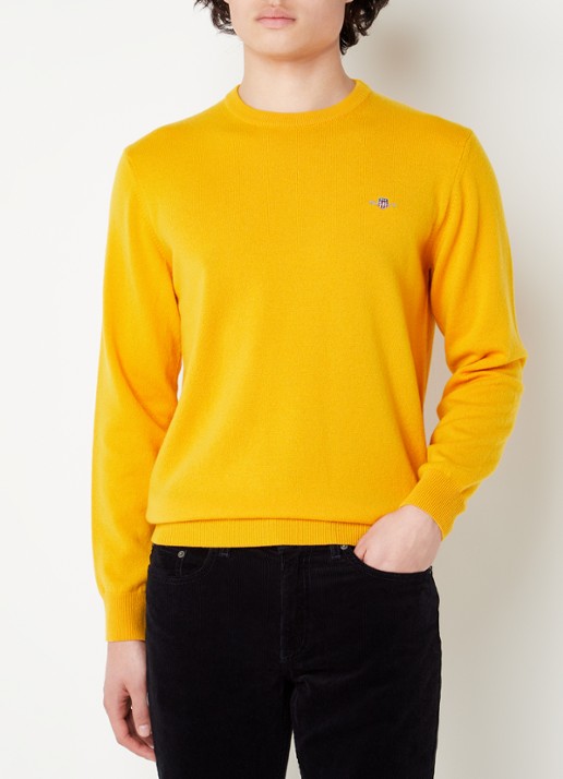 Gant Fijngebreide pullover van wol met logoborduring - detail 3 donkergeel
