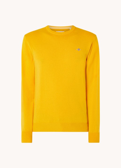 Gant Fijngebreide pullover van wol met logoborduring - voorkant donkergeel