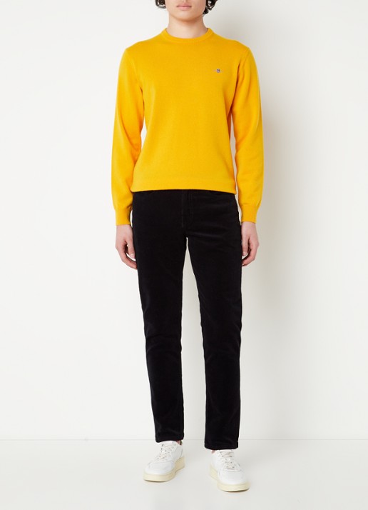 Gant Fijngebreide pullover van wol met logoborduring - voorkant 2 donkergeel