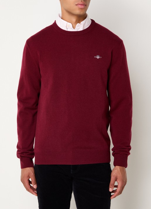 Gant Fijngebreide pullover van wol met logoborduring - detail 3 donkerrood
