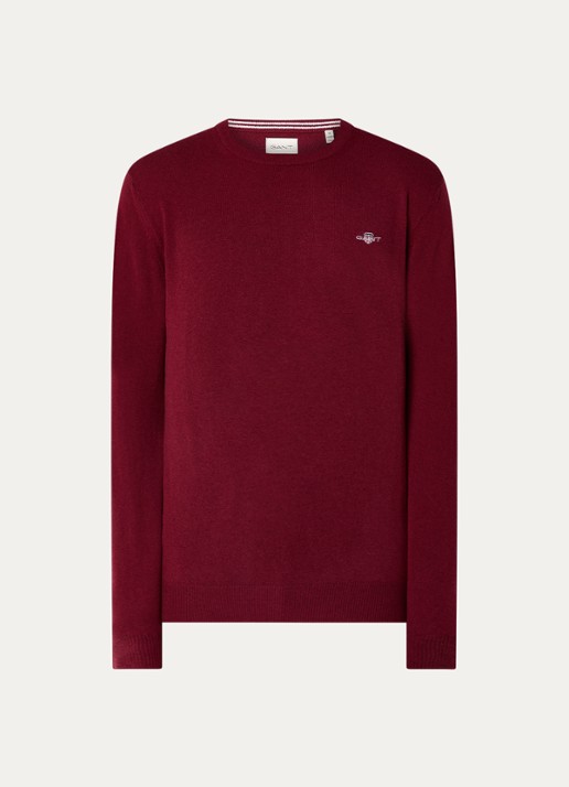 Gant Fijngebreide pullover van wol met logoborduring - voorkant donkerrood