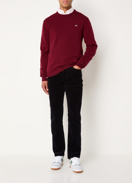 Gant Fijngebreide pullover van wol met logoborduring - voorkant 2 donkerrood