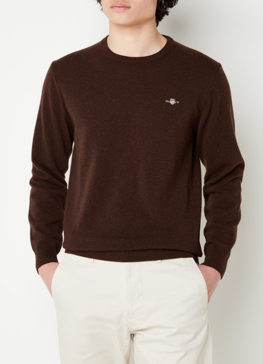 Gant Fijngebreide pullover van wol met logoborduring - detail 3 donkerbruin