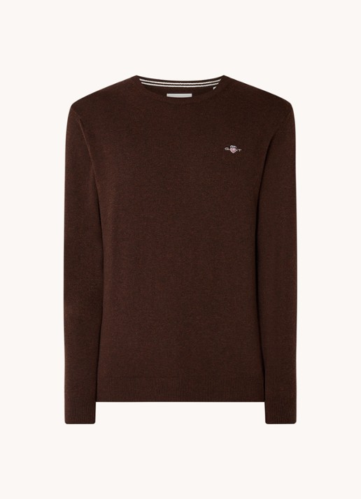 Gant Fijngebreide pullover van wol met logoborduring - voorkant donkerbruin