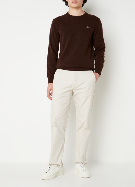 Gant Fijngebreide pullover van wol met logoborduring - voorkant 2 donkerbruin