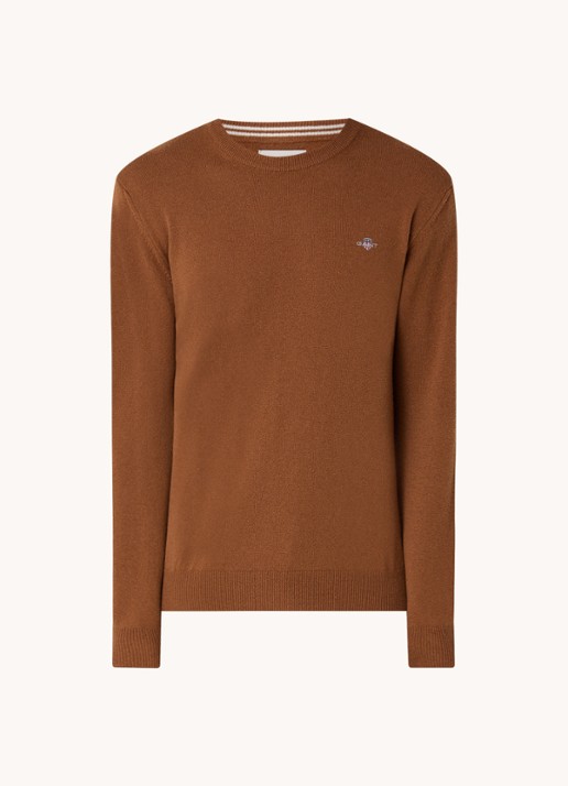 Gant Fijngebreide pullover van wol met logoborduring - voorkant chocoladebruin