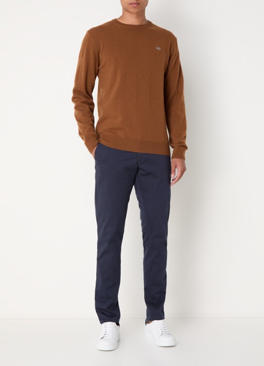 Gant Fijngebreide pullover van wol met logoborduring - voorkant 2 chocoladebruin