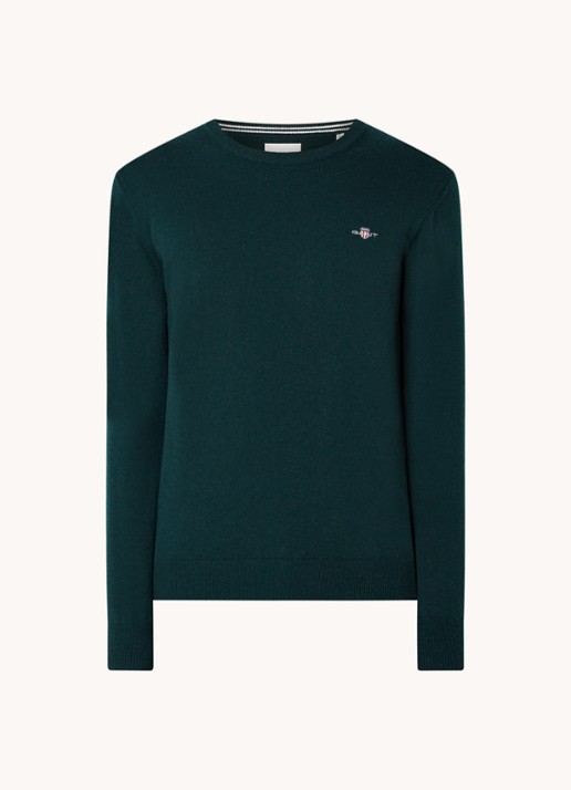 Gant Fijngebreide pullover van wol met logoborduring - voorkant 2 donkergroen
