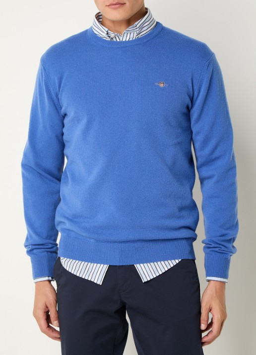 Gant Fijngebreide pullover van wol met logoborduring - detail blauw