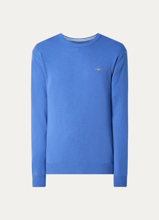 Gant Fijngebreide pullover van wol met logoborduring - voorkant 2 blauw