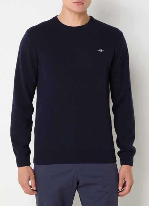 Gant Fijngebreide pullover van wol met logoborduring - detail donkerblauw