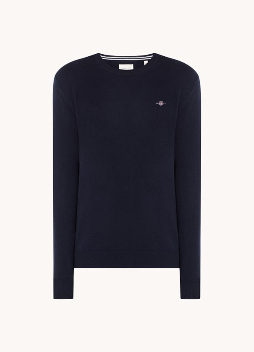 Gant Fijngebreide pullover van wol met logoborduring - voorkant 2 donkerblauw