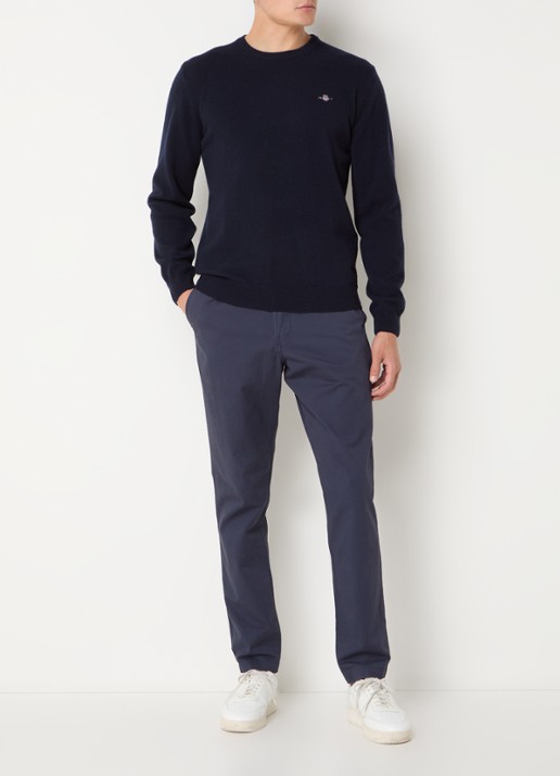 Gant Fijngebreide pullover van wol met logoborduring - voorkant 3 donkerblauw