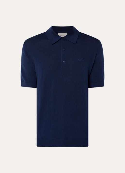 Gant Fijngebreide regular fit polo van merino wol met logoborduring - voorkant 2 donkerblauw