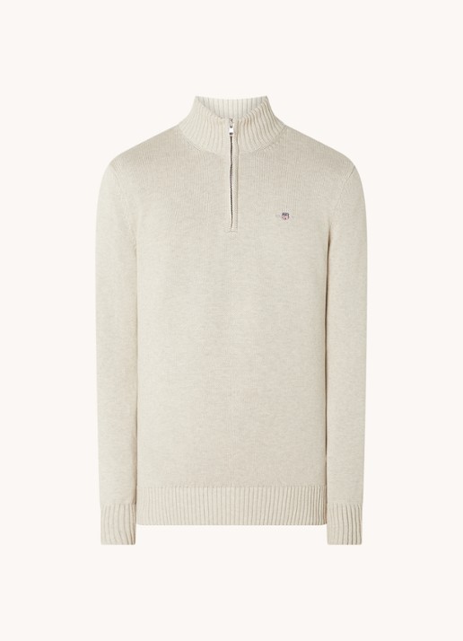 Gant Fijngebreide trui met halve rits en logo - voorkant 2 beige