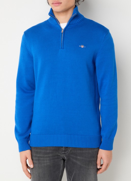 Gant Fijngebreide trui met halve rits en logo - detail blauw