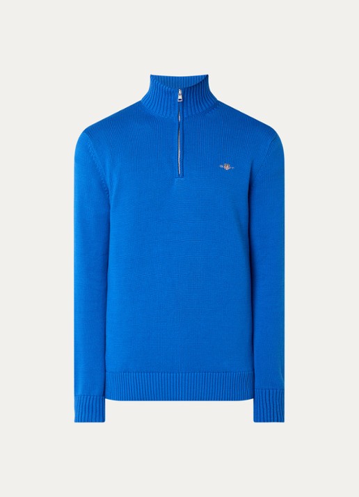 Gant Fijngebreide trui met halve rits en logo - voorkant 3 blauw