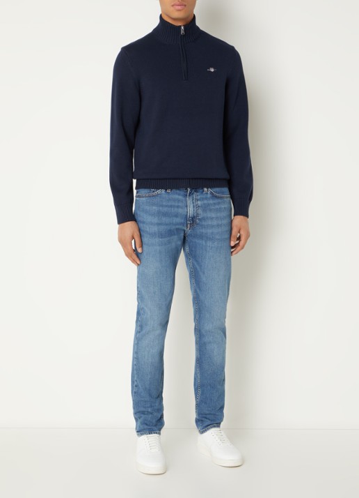 Gant Fijngebreide trui met halve rits en logo - voorkant 3 donkerblauw