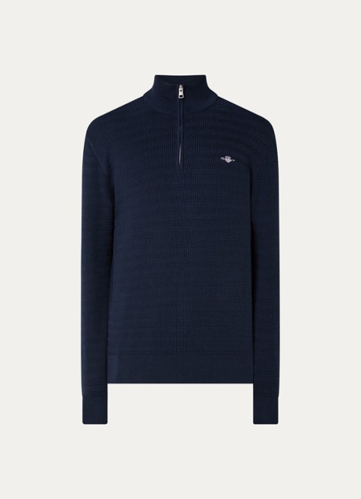 Gant Fijngebreide trui met halve rits en logoborduring - voorkant 3 donkerblauw