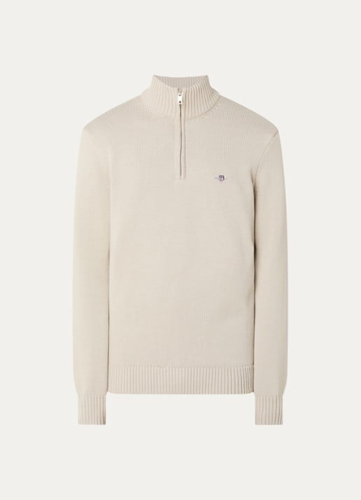 Gant Fijngebreide trui met halve rits en logoborduring - voorkant 3 beige